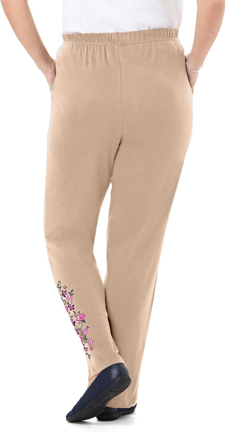 imageWoman Within Plus Size 7Day Knit Embroidered StraightLeg PullOn PantsNew Khaki Floral Embroidery