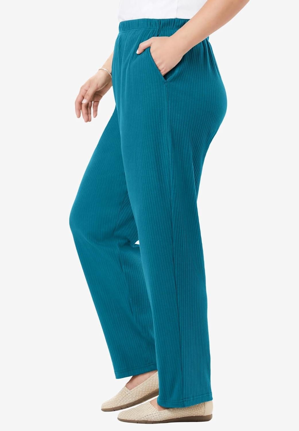imageWoman Within Plus Size 7Day Knit Ribbed StraightLeg PullOn PantsDeep Teal