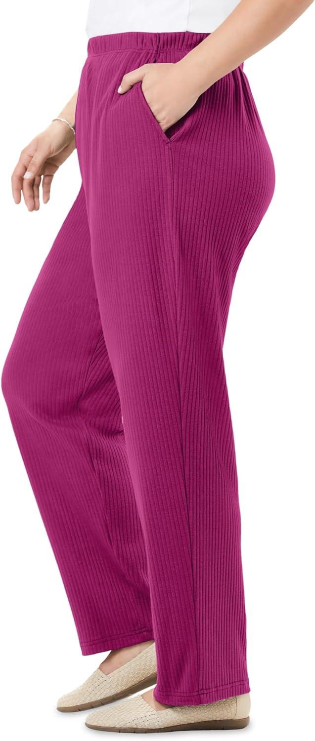 imageWoman Within Plus Size 7Day Knit Ribbed StraightLeg PullOn PantsRaspberry