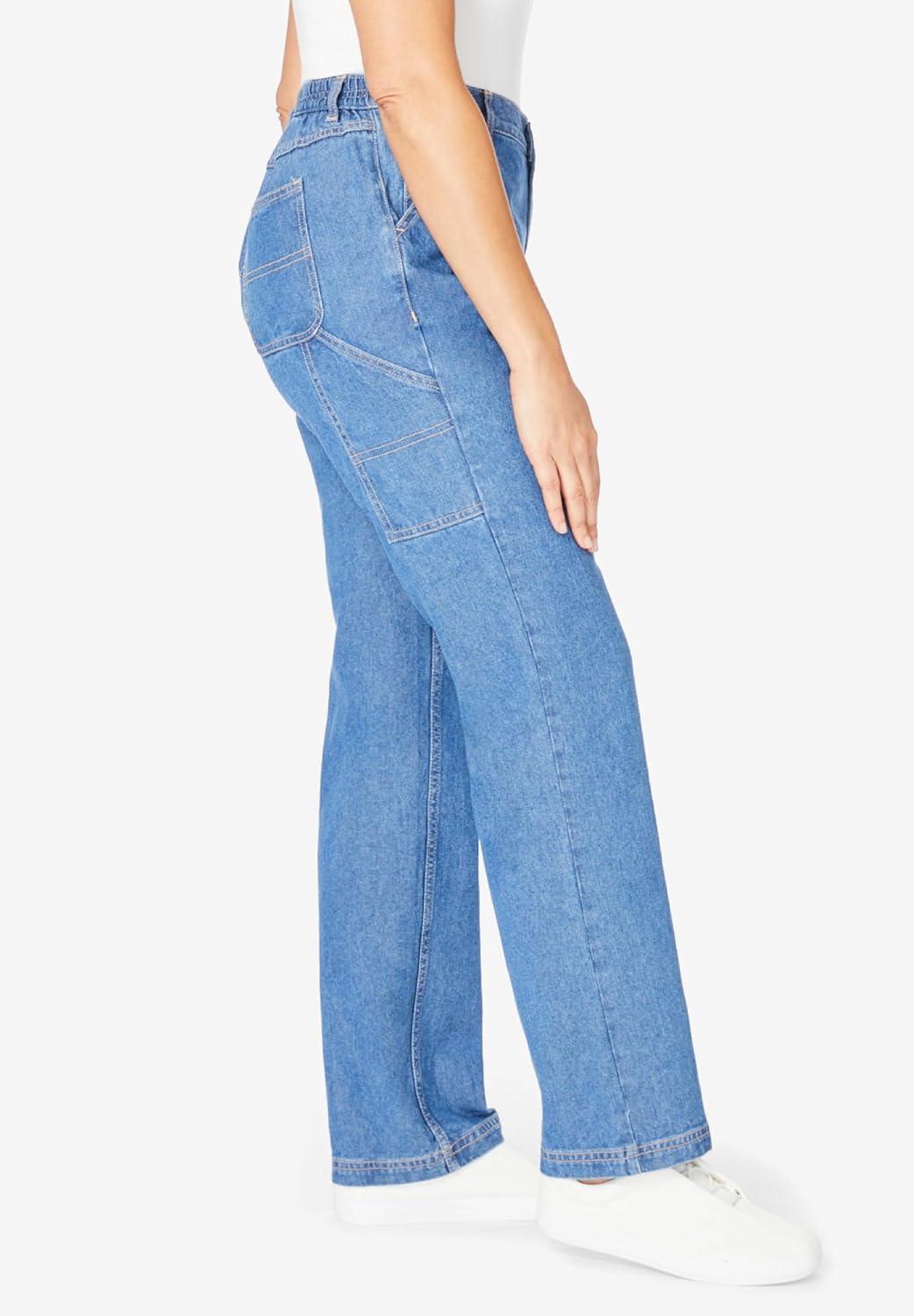 imageWoman Within Plus Size BackElastic AllCotton Denim Carpenter JeansLight Stonewash