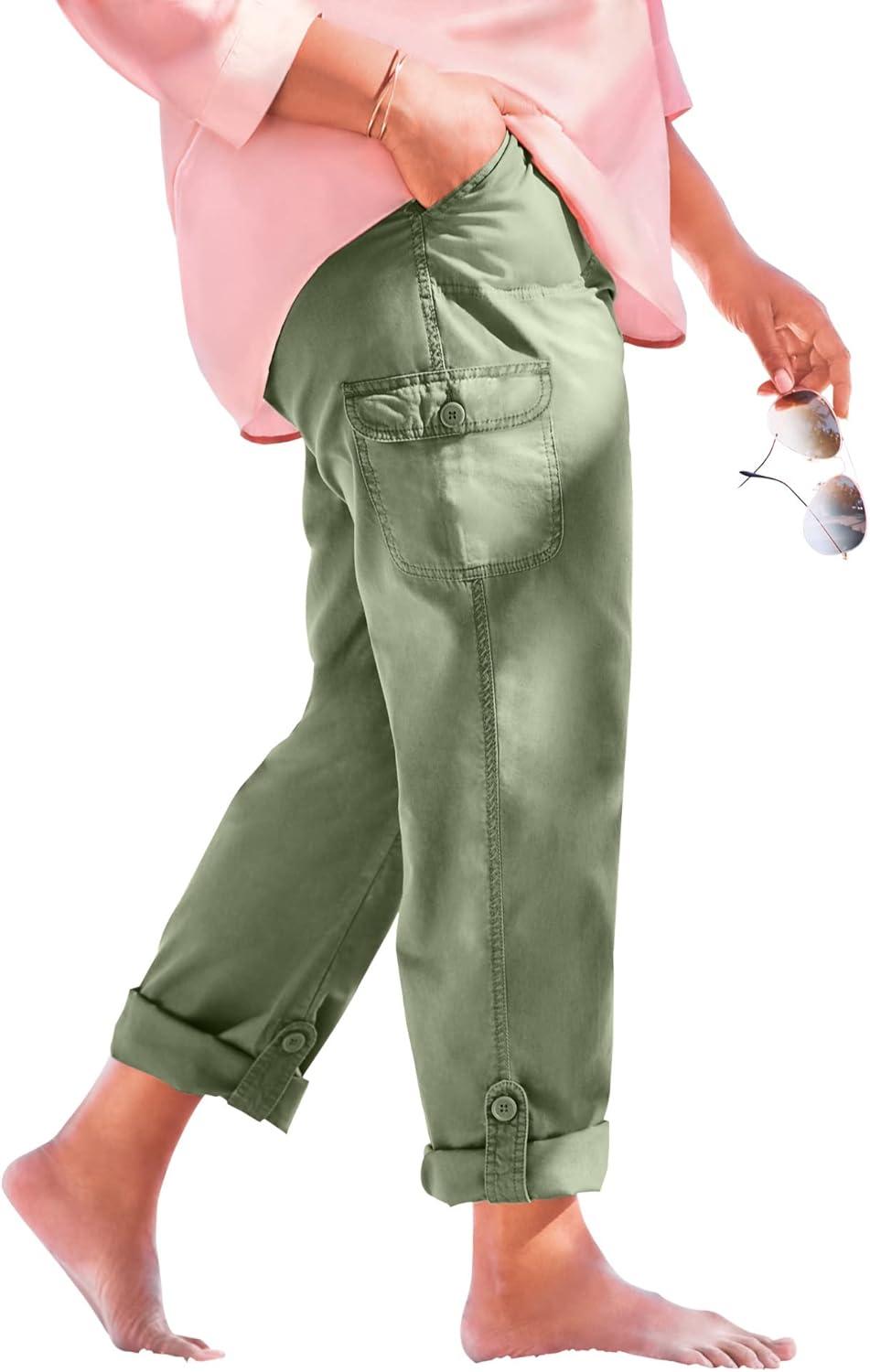 imageWoman Within Plus Size Convertible 2in1 Cargo Pant ampamp Capri Elastic WaistClassic Natural Khaki Floral Embroidery