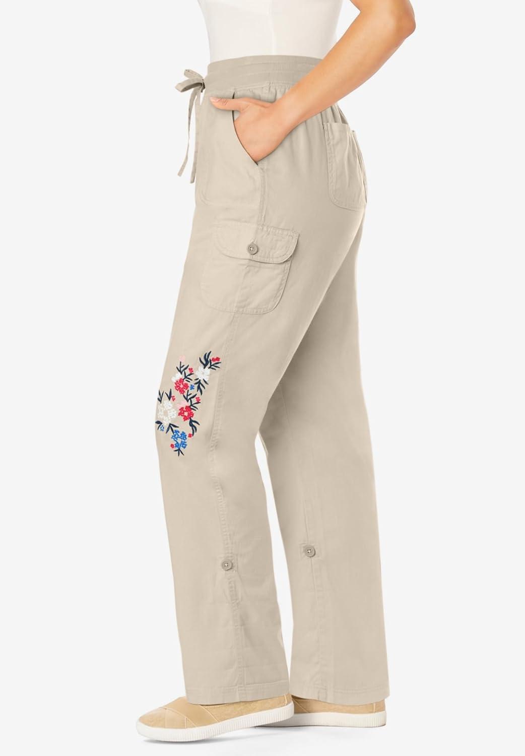 imageWoman Within Plus Size Convertible 2in1 Cargo Pant ampamp Capri Elastic WaistClassic Natural Khaki Floral Embroidery