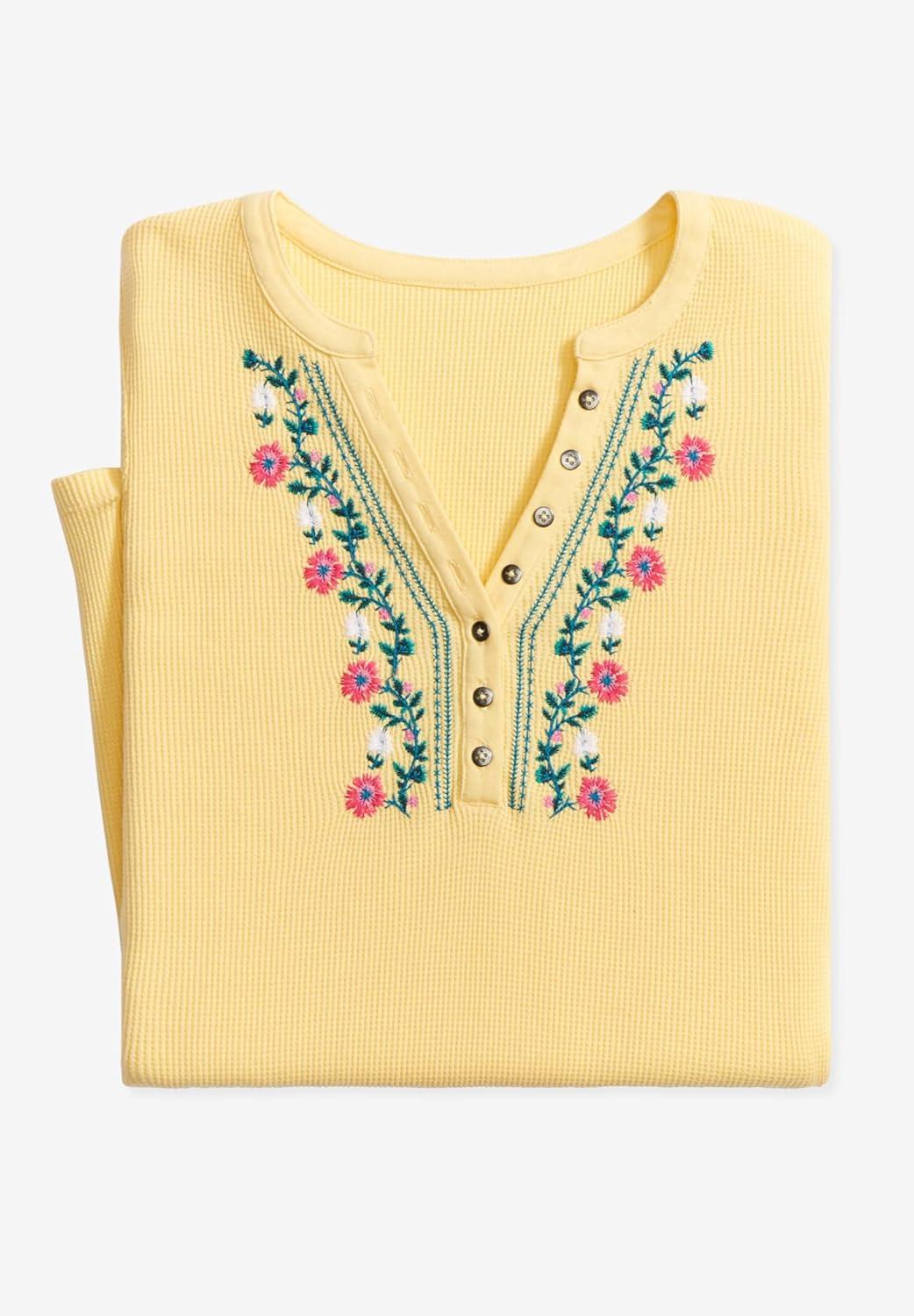 imageWoman Within Plus Size Embroidered Thermal Henley TeeBlack Vine Embroidery