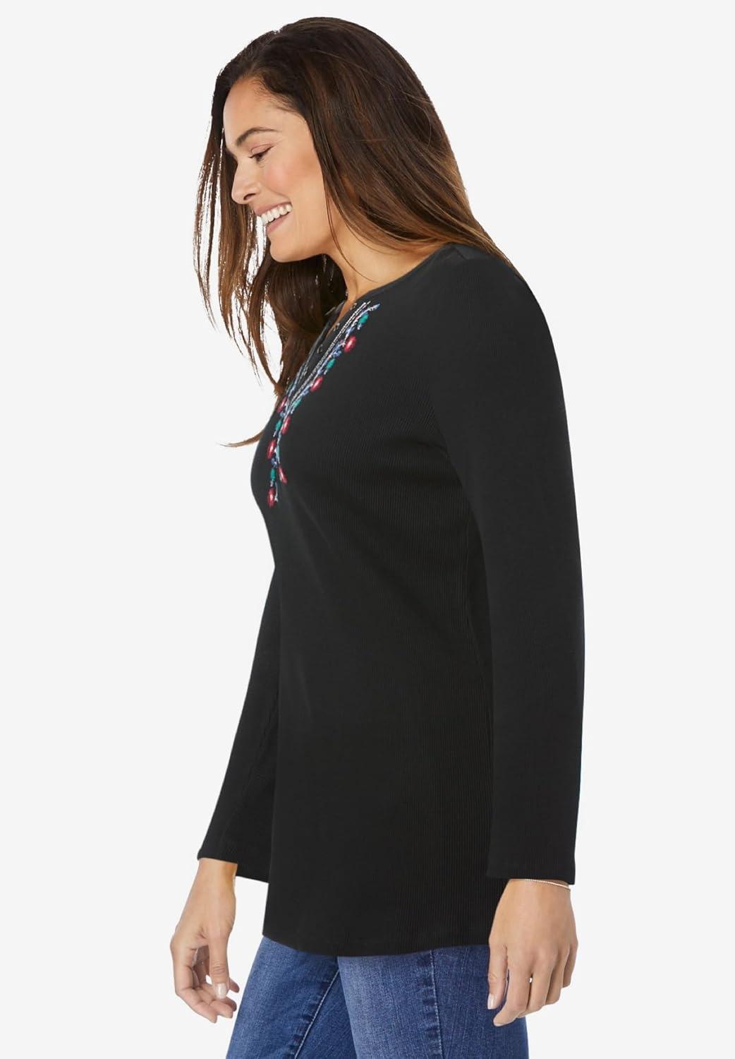 imageWoman Within Plus Size Embroidered Thermal Henley TeeBlack Vine Embroidery