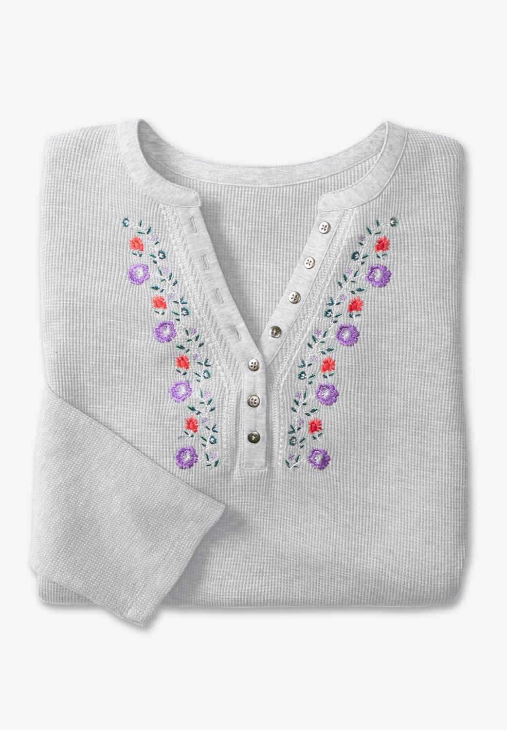 imageWoman Within Plus Size Embroidered Thermal Henley TeeRadiant Purple Vine Embroidery