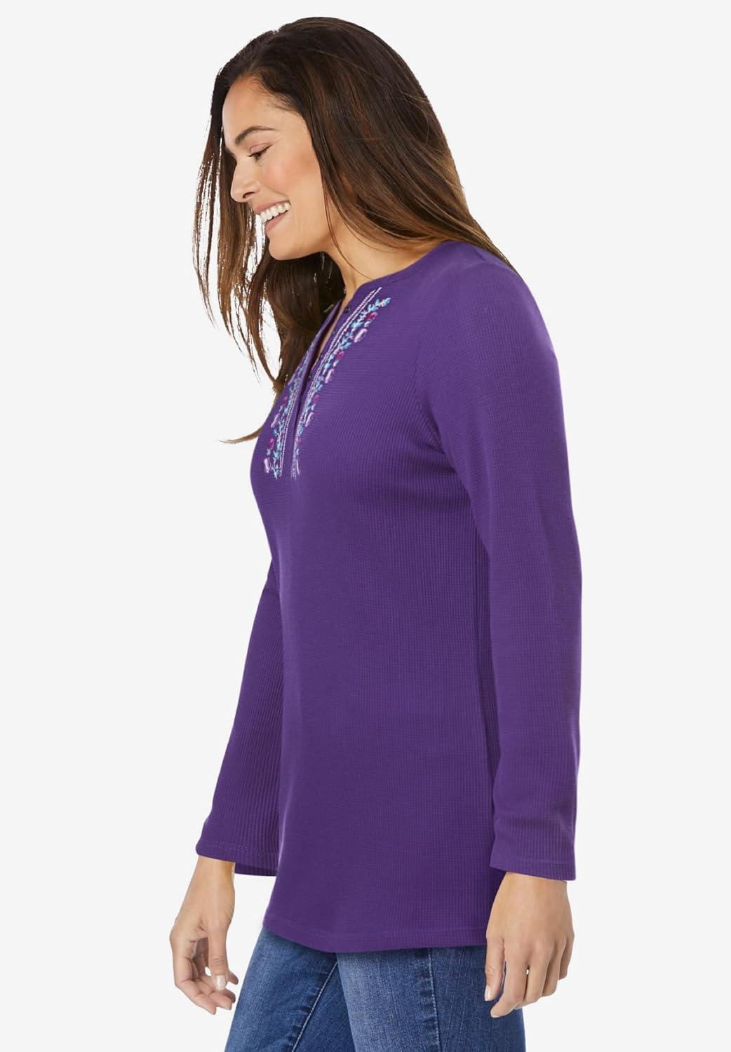 imageWoman Within Plus Size Embroidered Thermal Henley TeeRadiant Purple Vine Embroidery