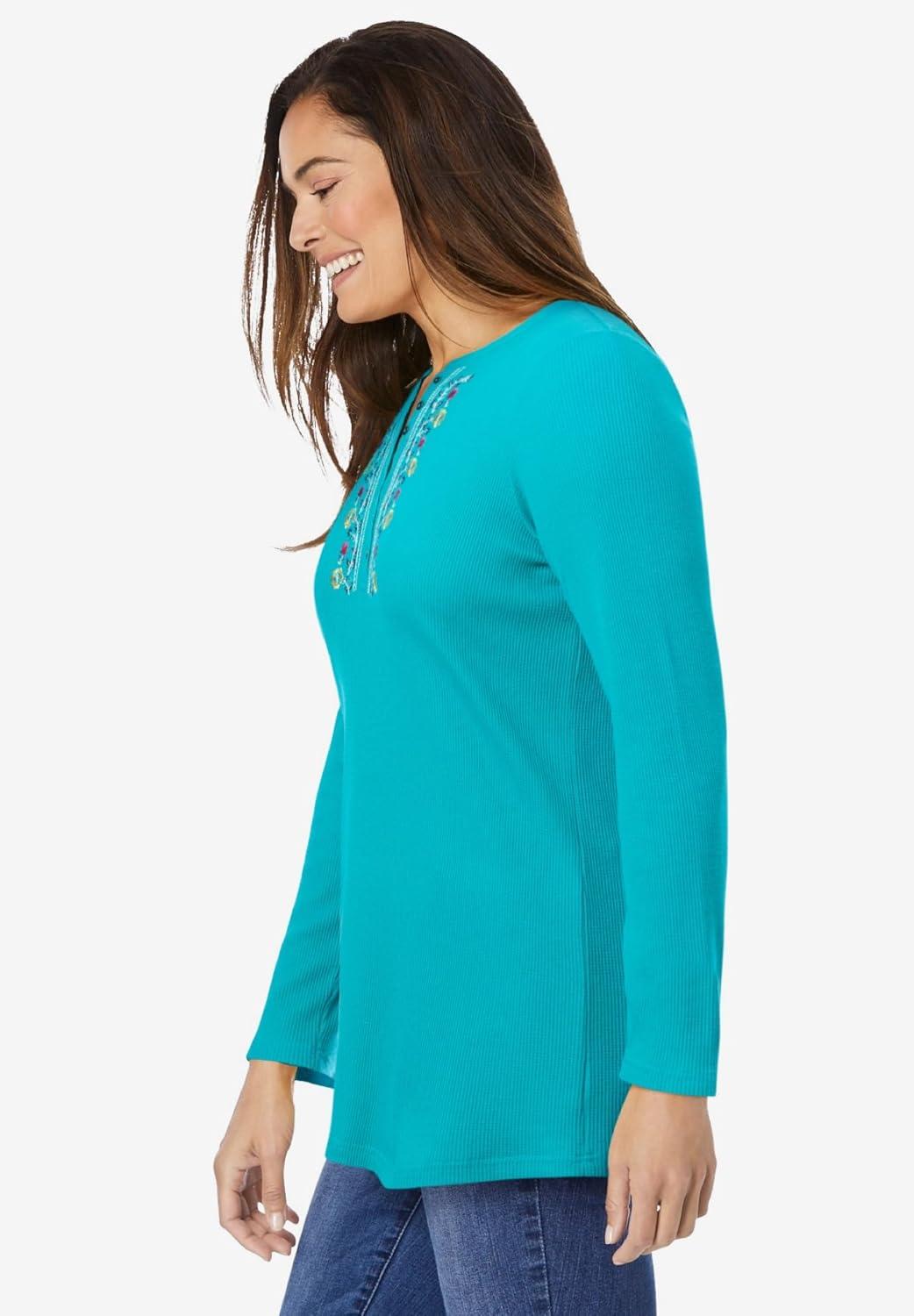 imageWoman Within Plus Size Embroidered Thermal Henley TeeWaterfall Vine Embroidery