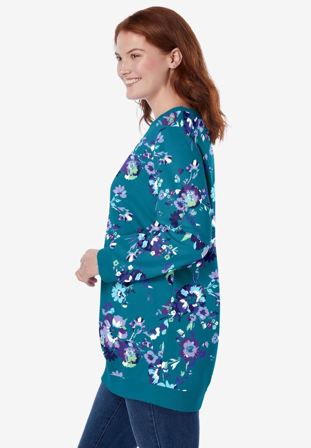 imageWoman Within Plus Size Fleece SweatshirtDeep Teal Romantic Floral