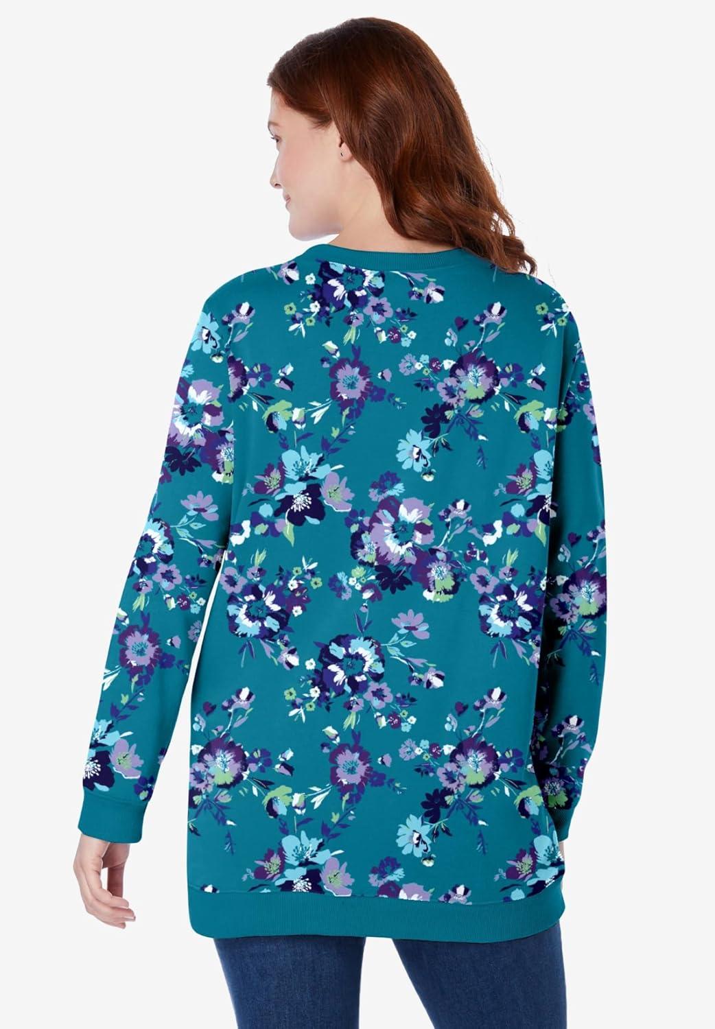 imageWoman Within Plus Size Fleece SweatshirtDeep Teal Romantic Floral