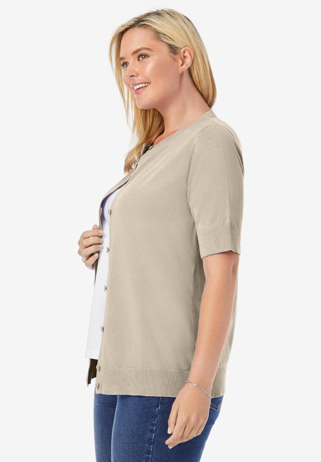 imageWoman Within Plus Size Perfect ElbowLength Sleeve CardiganNatural Khaki