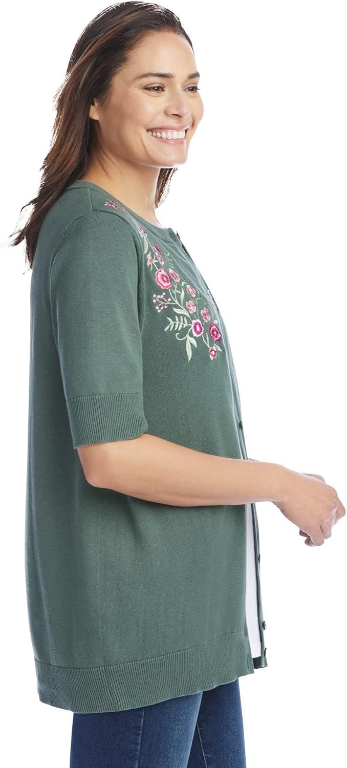 imageWoman Within Plus Size Perfect ElbowLength Sleeve CardiganWhite Flower Embroidery
