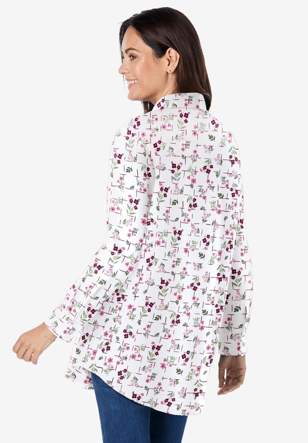 imageWoman Within Plus Size Perfect Long Sleeve ShirtBright Rose Gridded Floral