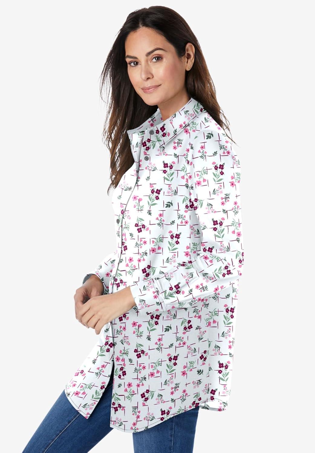 imageWoman Within Plus Size Perfect Long Sleeve ShirtBright Rose Gridded Floral