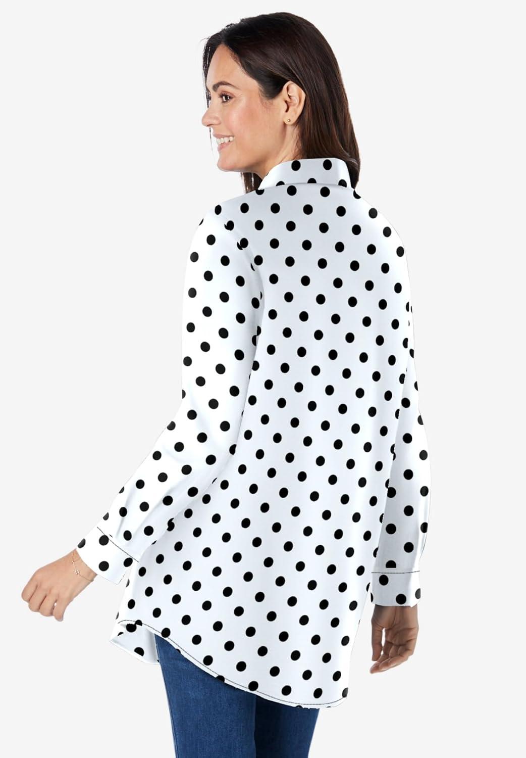 imageWoman Within Plus Size Perfect Long Sleeve ShirtWhite Black Dot