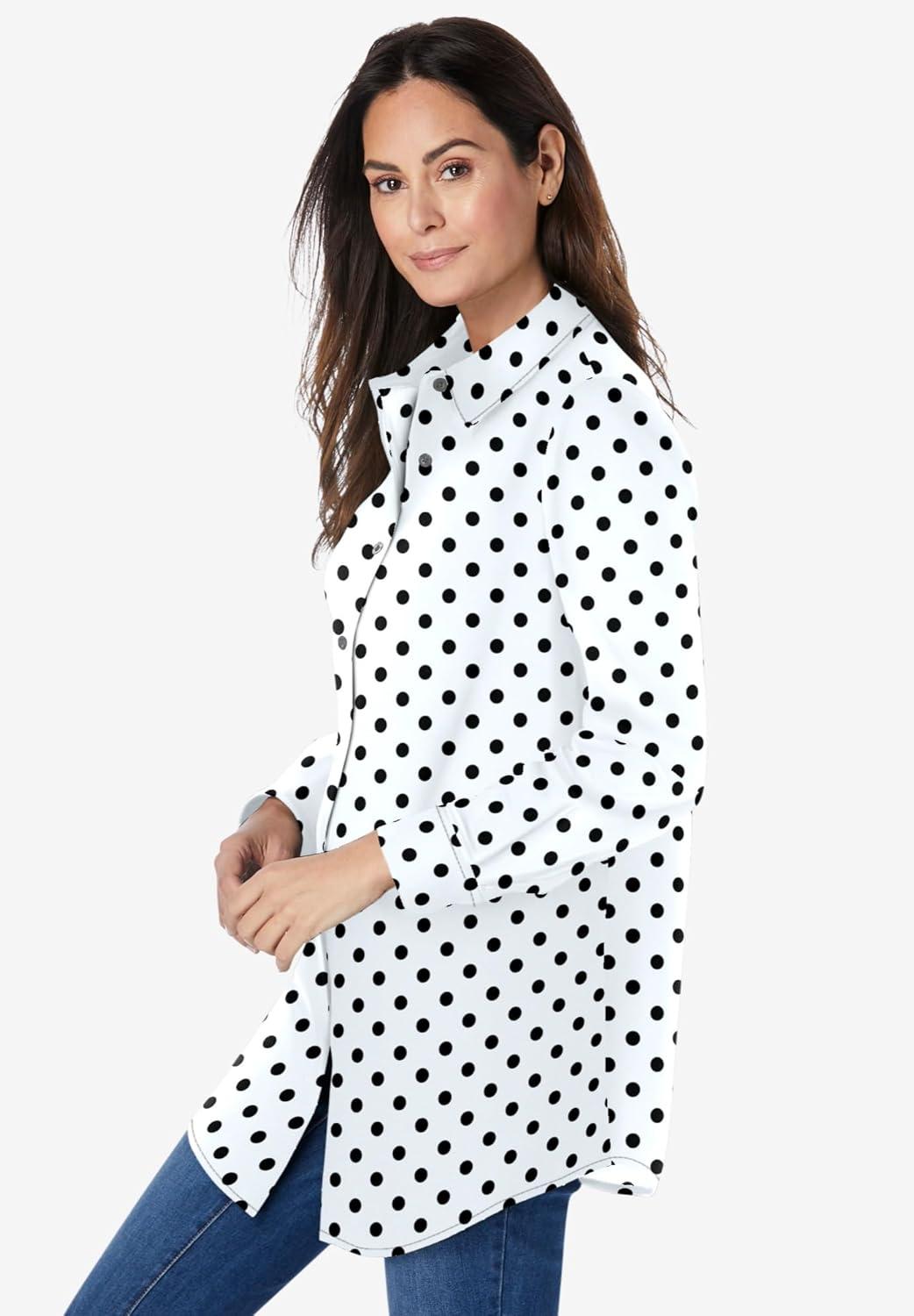 imageWoman Within Plus Size Perfect Long Sleeve ShirtWhite Black Dot