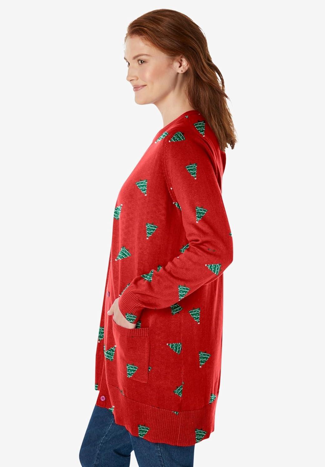 imageWoman Within Plus Size Perfect LongerLength Cotton CardiganVivid Red Trees