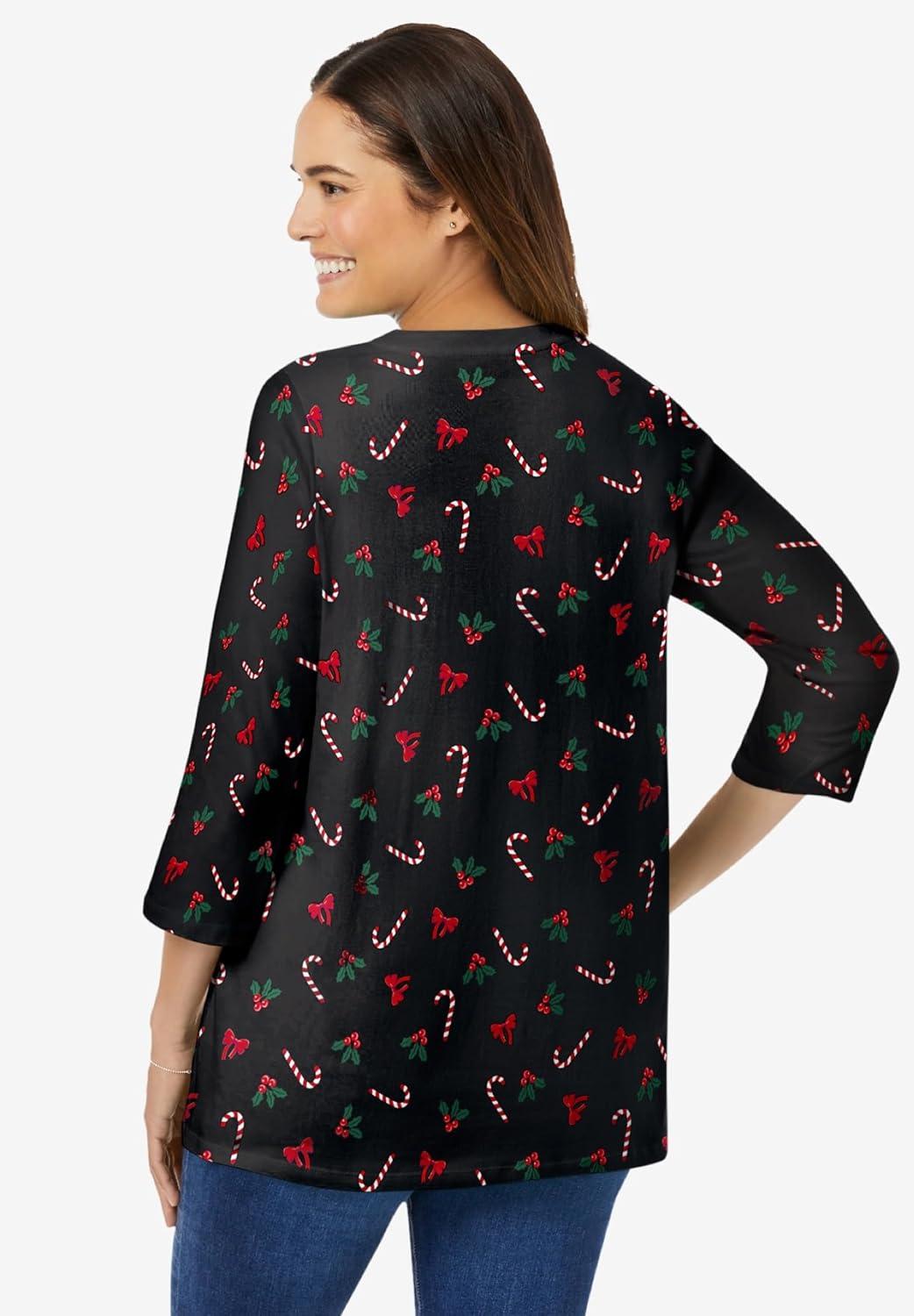 imageWoman Within Plus Size Perfect Printed ThreeQuarter Sleeve VNeck TeeBlack Mistletoe