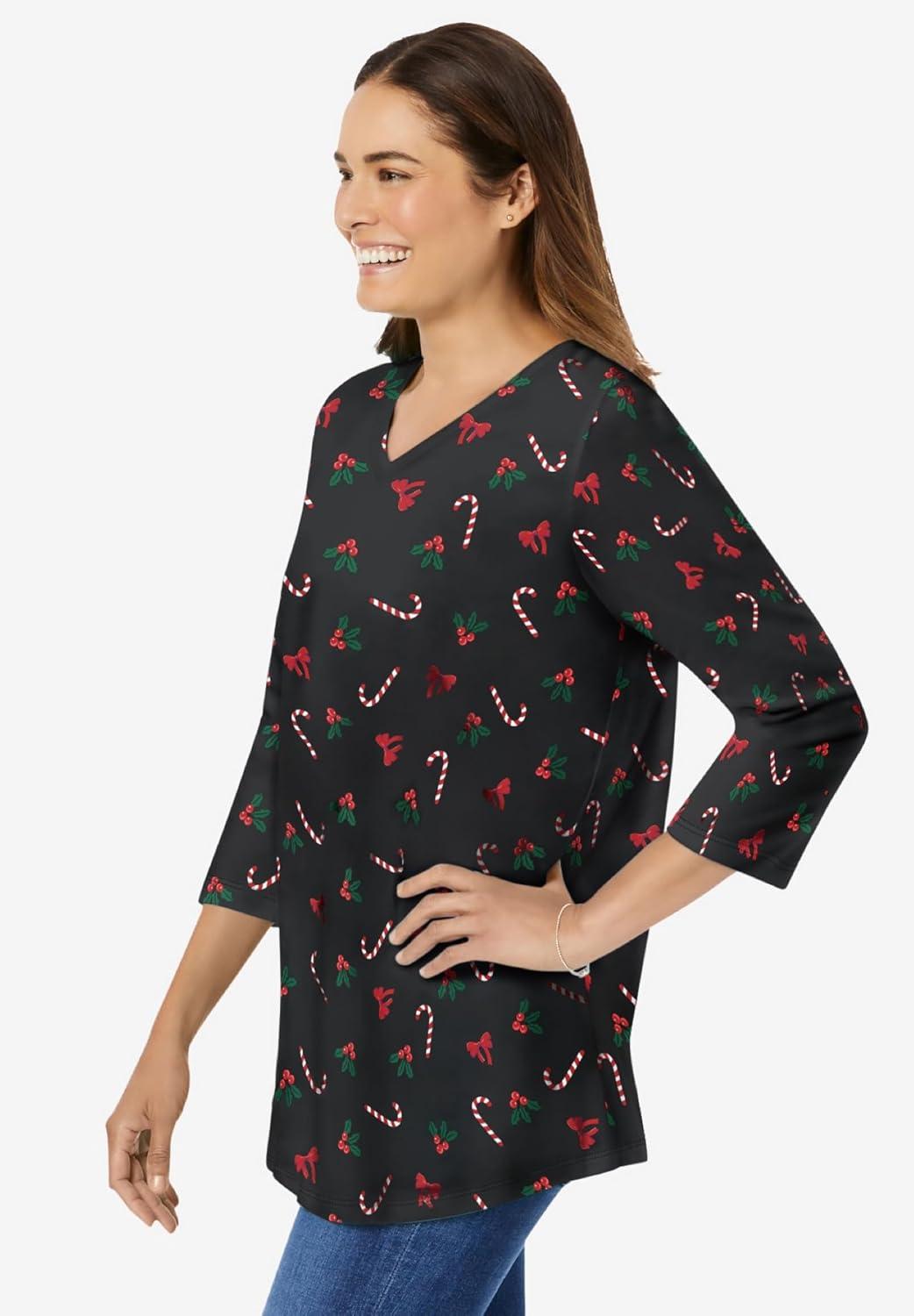 imageWoman Within Plus Size Perfect Printed ThreeQuarter Sleeve VNeck TeeBlack Mistletoe