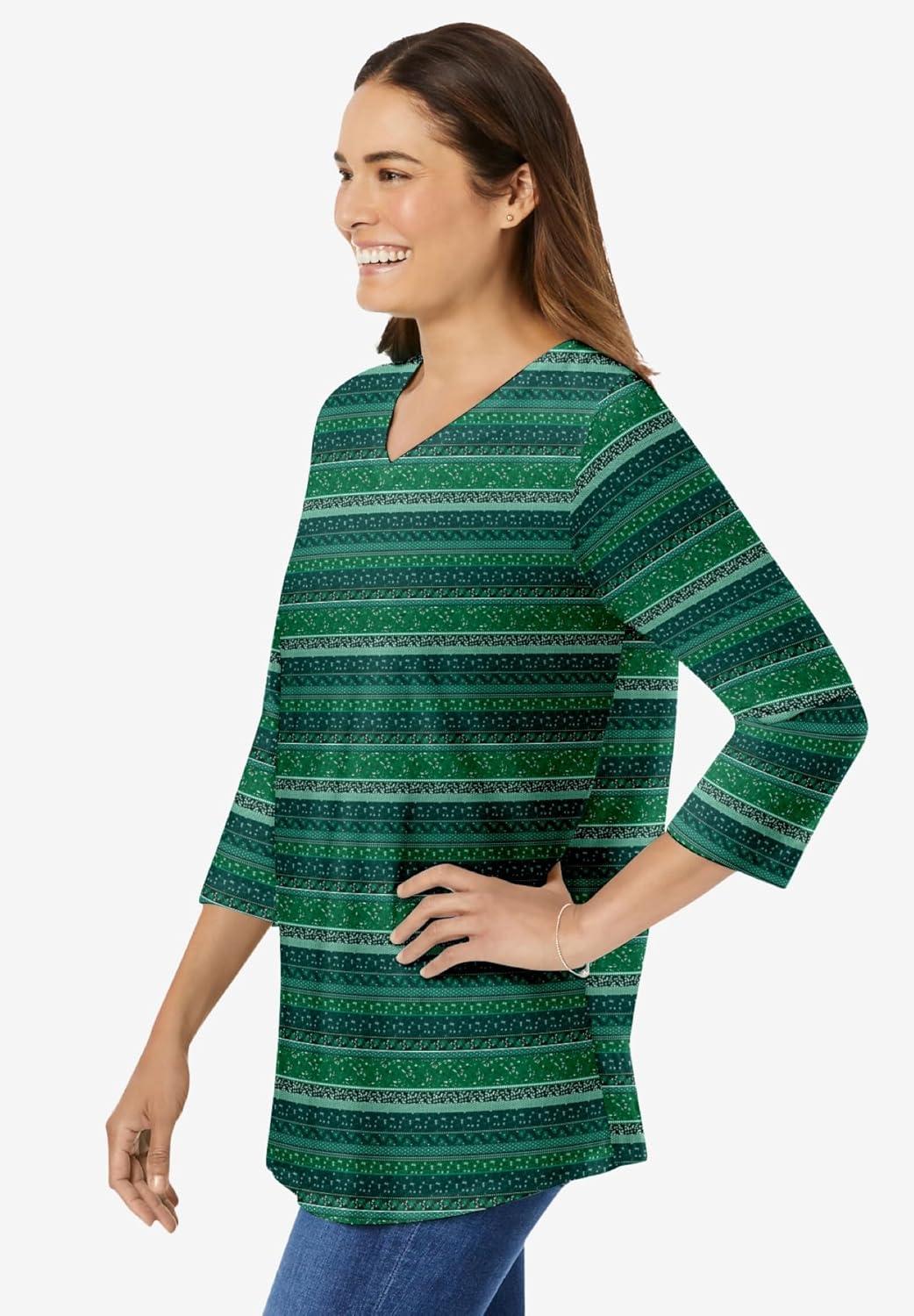 imageWoman Within Plus Size Perfect Printed ThreeQuarter Sleeve VNeck TeeEmerald Green Patchwork Stripe