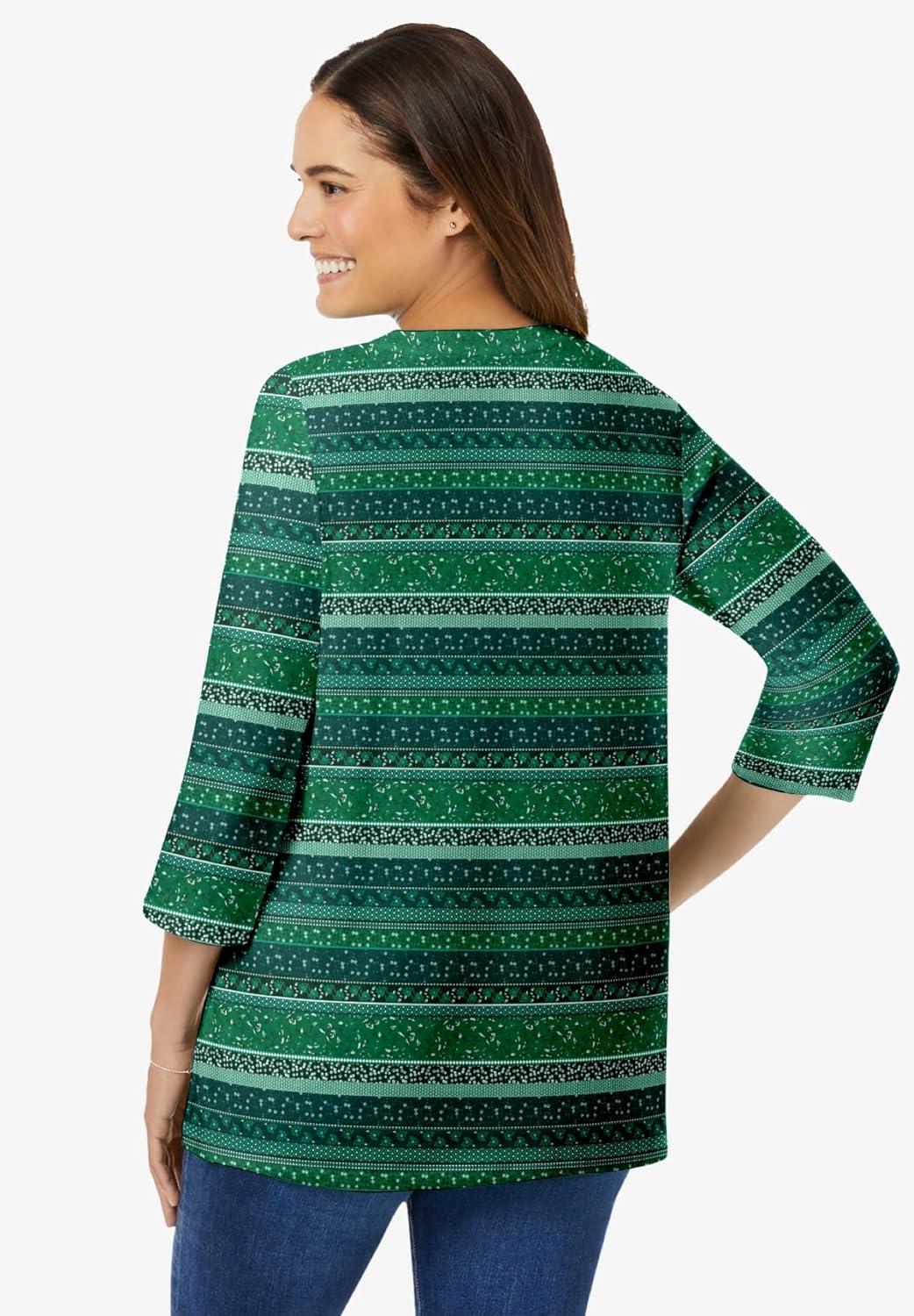 imageWoman Within Plus Size Perfect Printed ThreeQuarter Sleeve VNeck TeeEmerald Green Patchwork Stripe