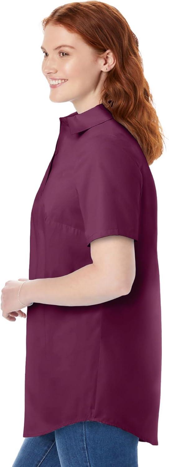 imageWoman Within Plus Size Perfect Short Sleeve ButtonDown Shirt Oversized Tunic BlouseDeep Claret