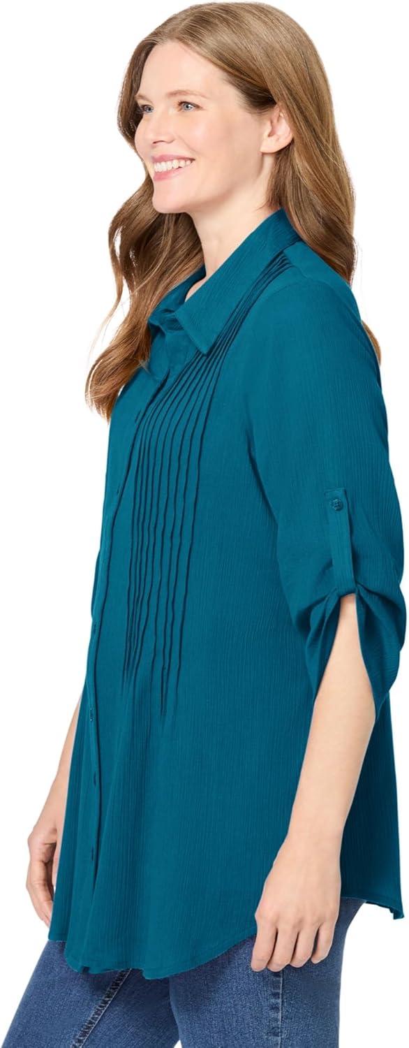 imageWoman Within Plus Size Pintucked Button Down Gauze ShirtDeep Teal