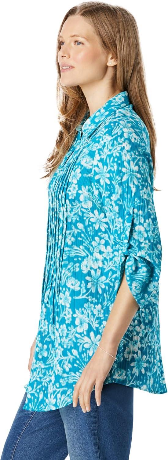imageWoman Within Plus Size Pintucked Button Down Gauze ShirtParadise Blue Watercolor Palm