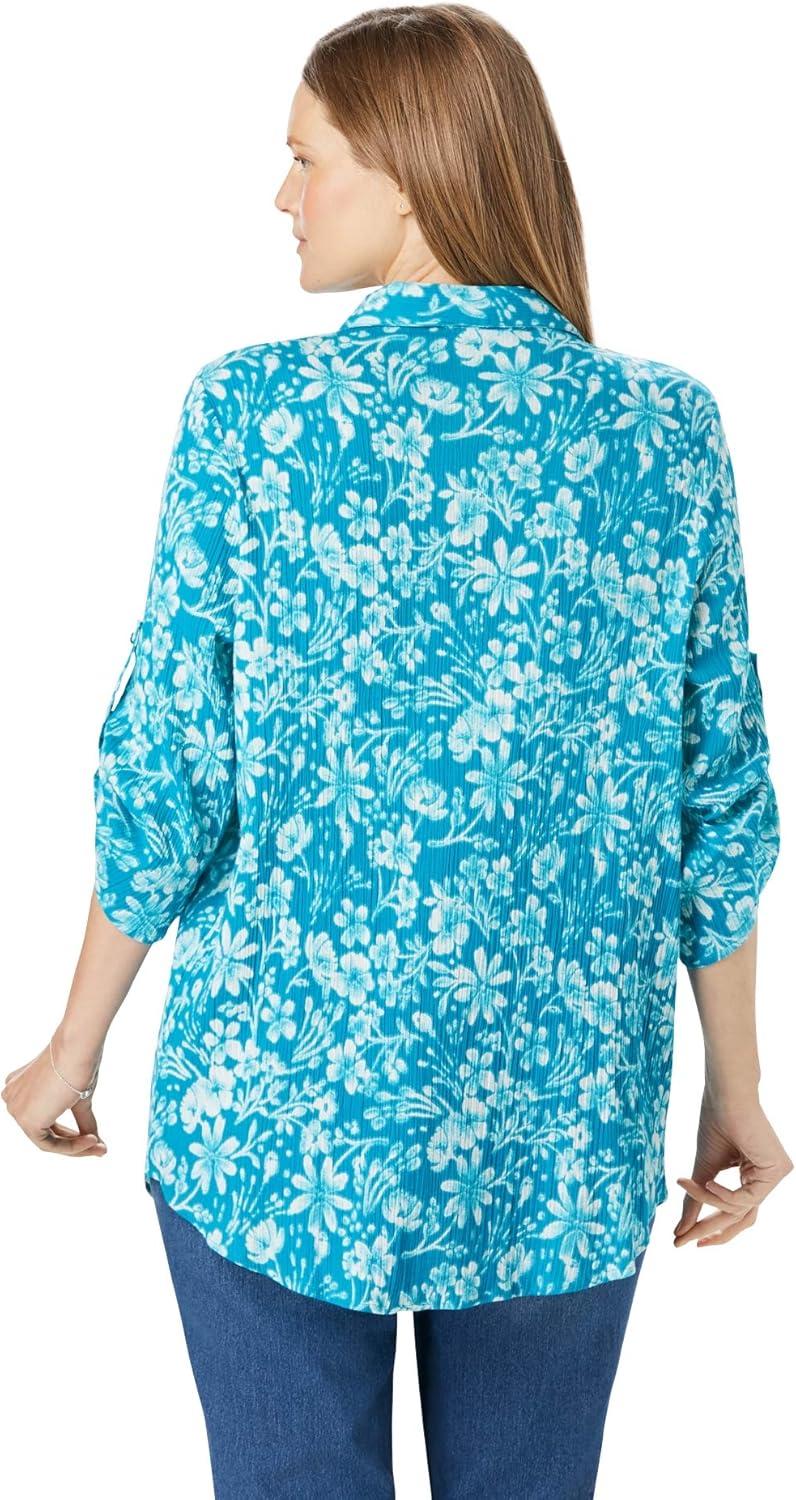 imageWoman Within Plus Size Pintucked Button Down Gauze ShirtParadise Blue Watercolor Palm