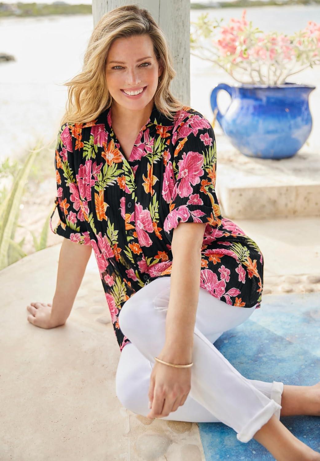 imageWoman Within Plus Size Pintucked Button Down Gauze ShirtPink Watercolor Palms