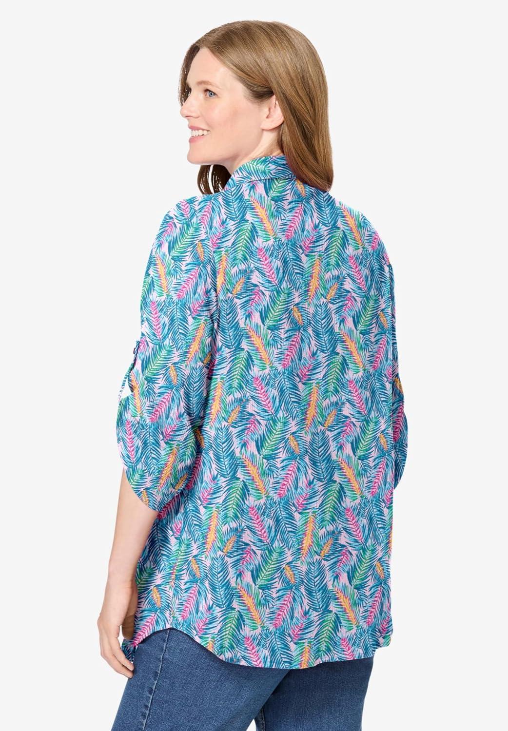 imageWoman Within Plus Size Pintucked Button Down Gauze ShirtPink Watercolor Palms
