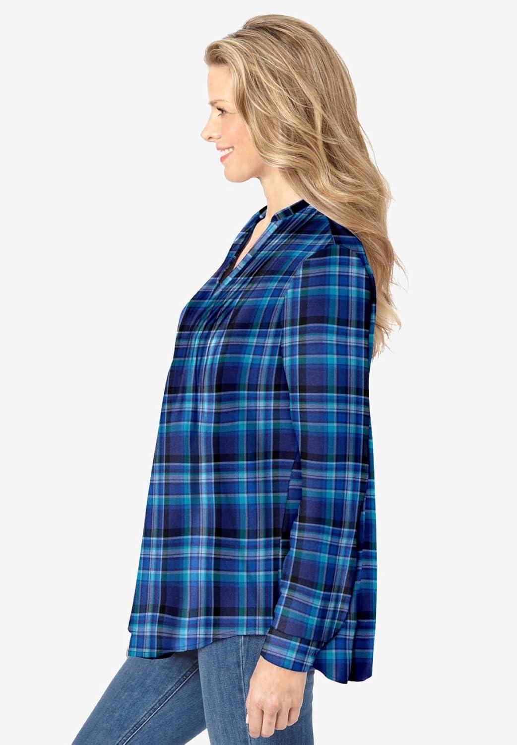 imageWoman Within Plus Size Pintucked Flannel ShirtBright Cobalt Plaid