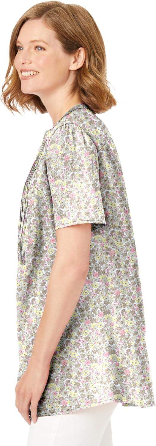 imageWoman Within Plus Size Pintucked HalfButton TunicBlack Multi Blooming Ditsy