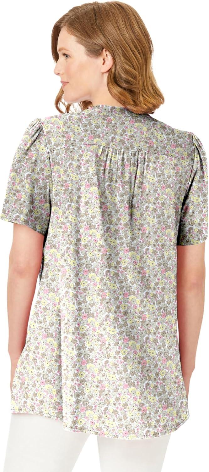 imageWoman Within Plus Size Pintucked HalfButton TunicBlack Multi Blooming Ditsy