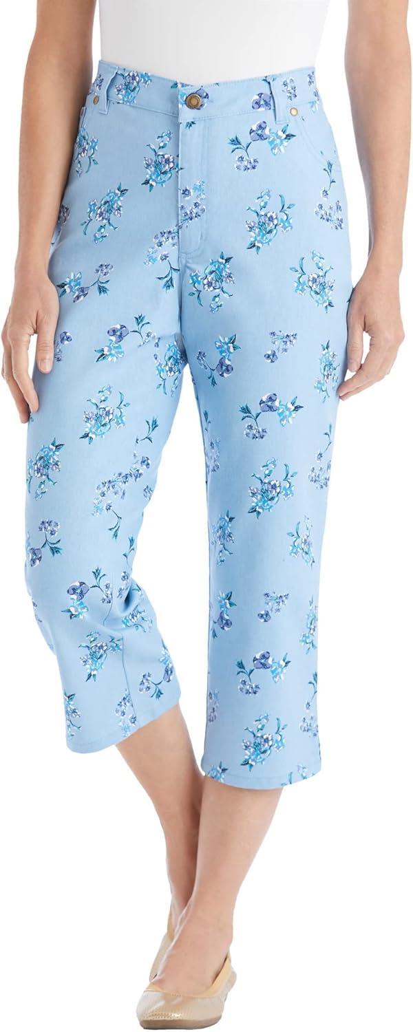 imageWoman Within Plus Size Stretch Denim FivePocket Capri JeansLight Stonewash Border Embroidery