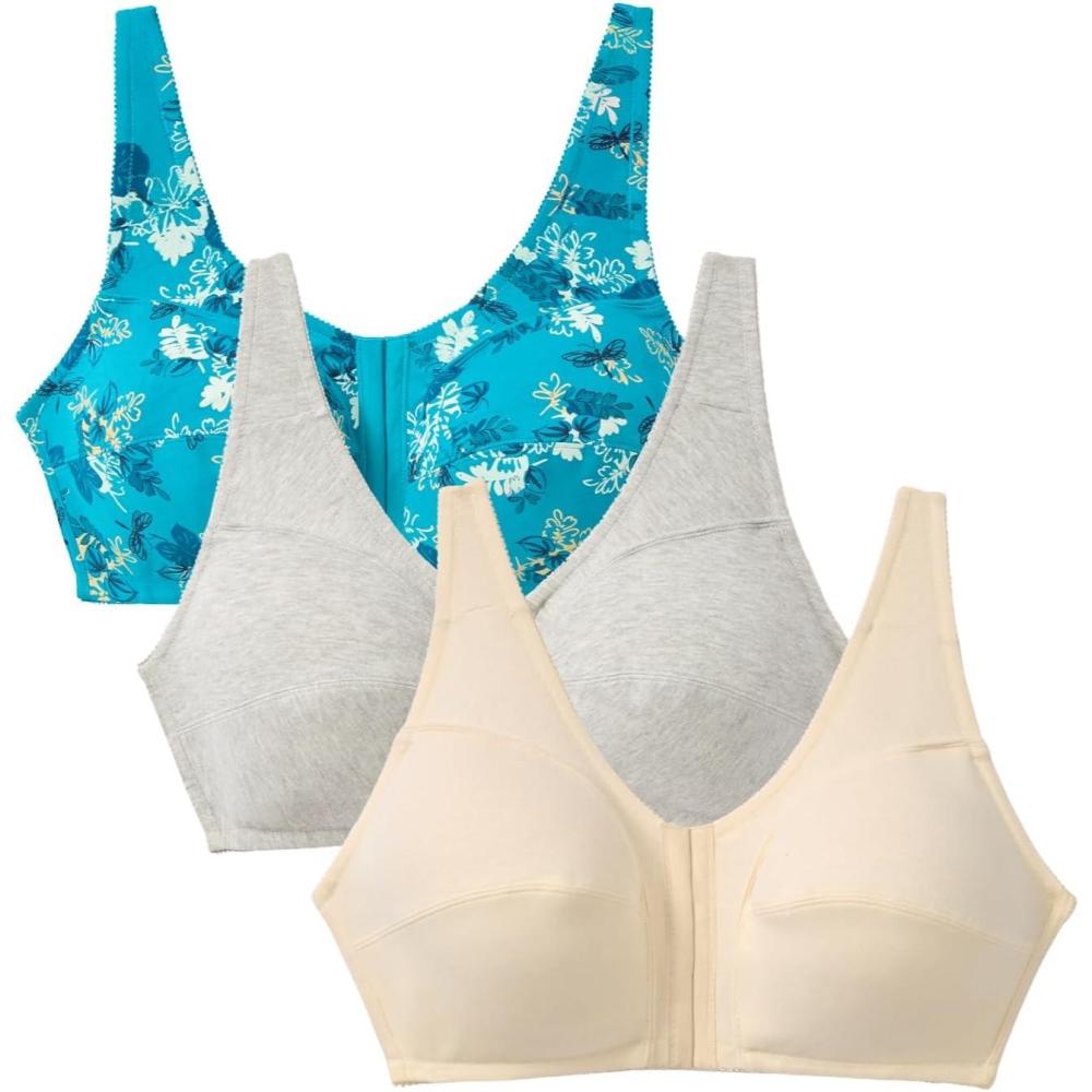 imageComfort Choice Womens Plus Size 3Pack FrontClose Cotton Wireless BraDark Turq Assorted