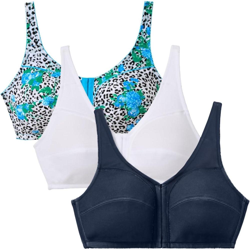 imageComfort Choice Womens Plus Size 3Pack FrontClose Cotton Wireless BraEvening Blue Pack