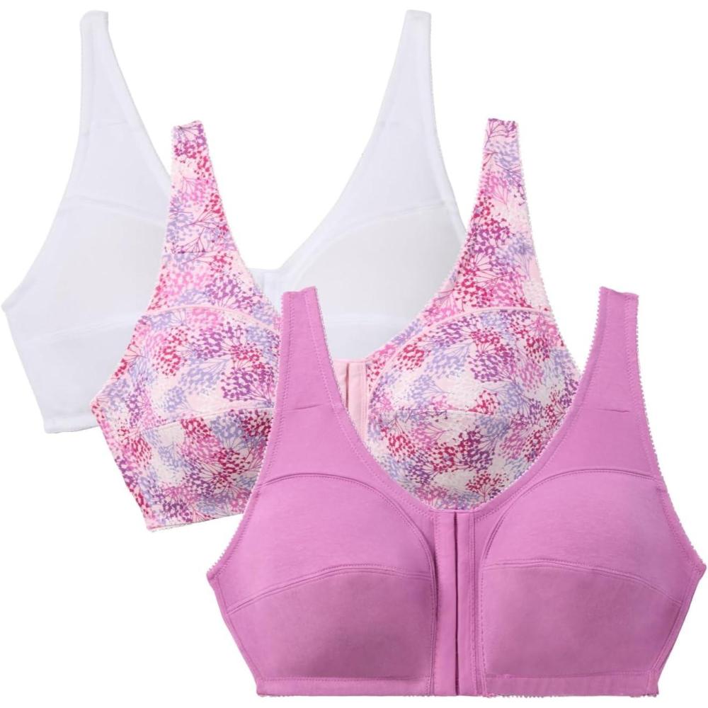 imageComfort Choice Womens Plus Size 3Pack FrontClose Cotton Wireless BraPretty Orchid Assorted