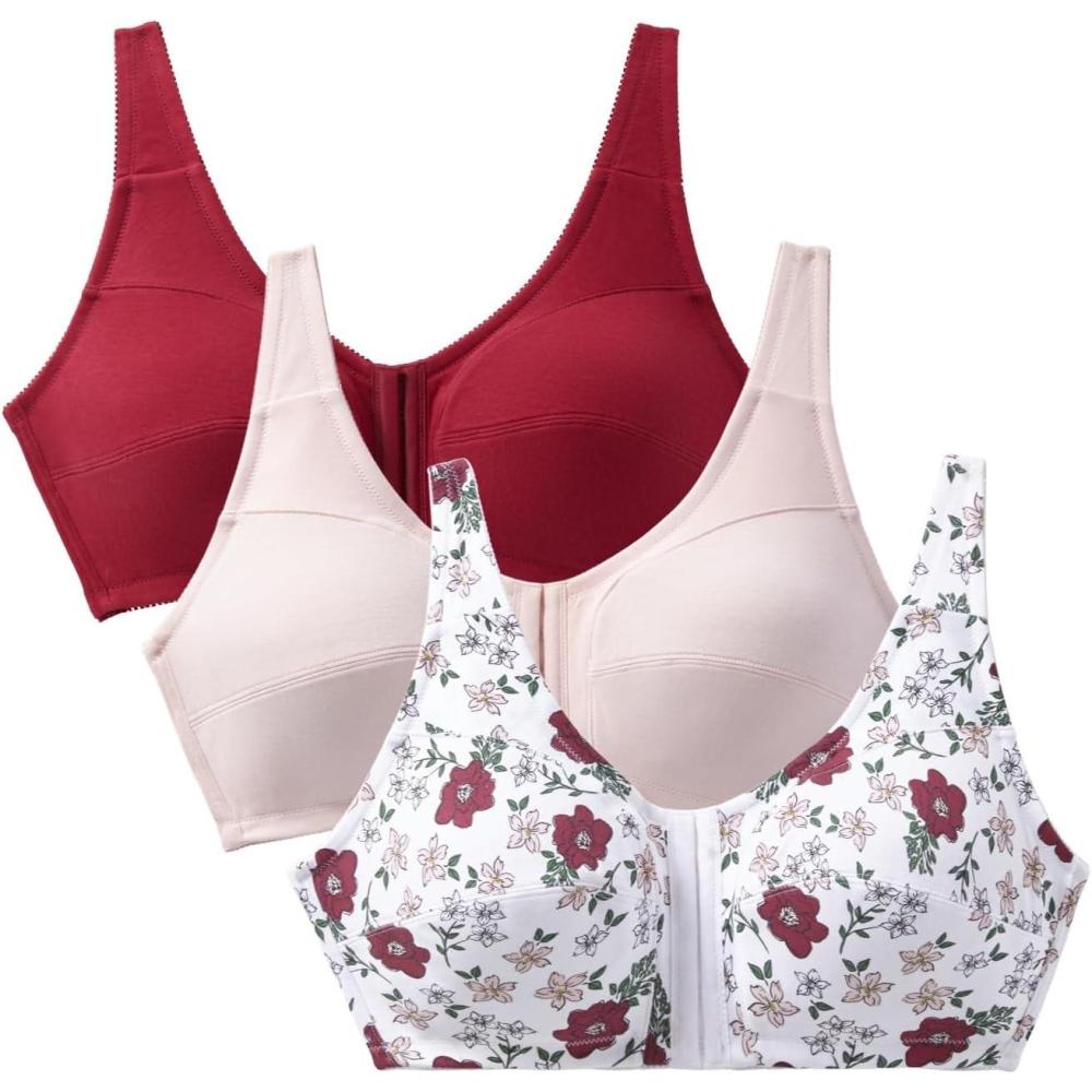 imageComfort Choice Womens Plus Size 3Pack FrontClose Cotton Wireless BraShell Pink Assorted