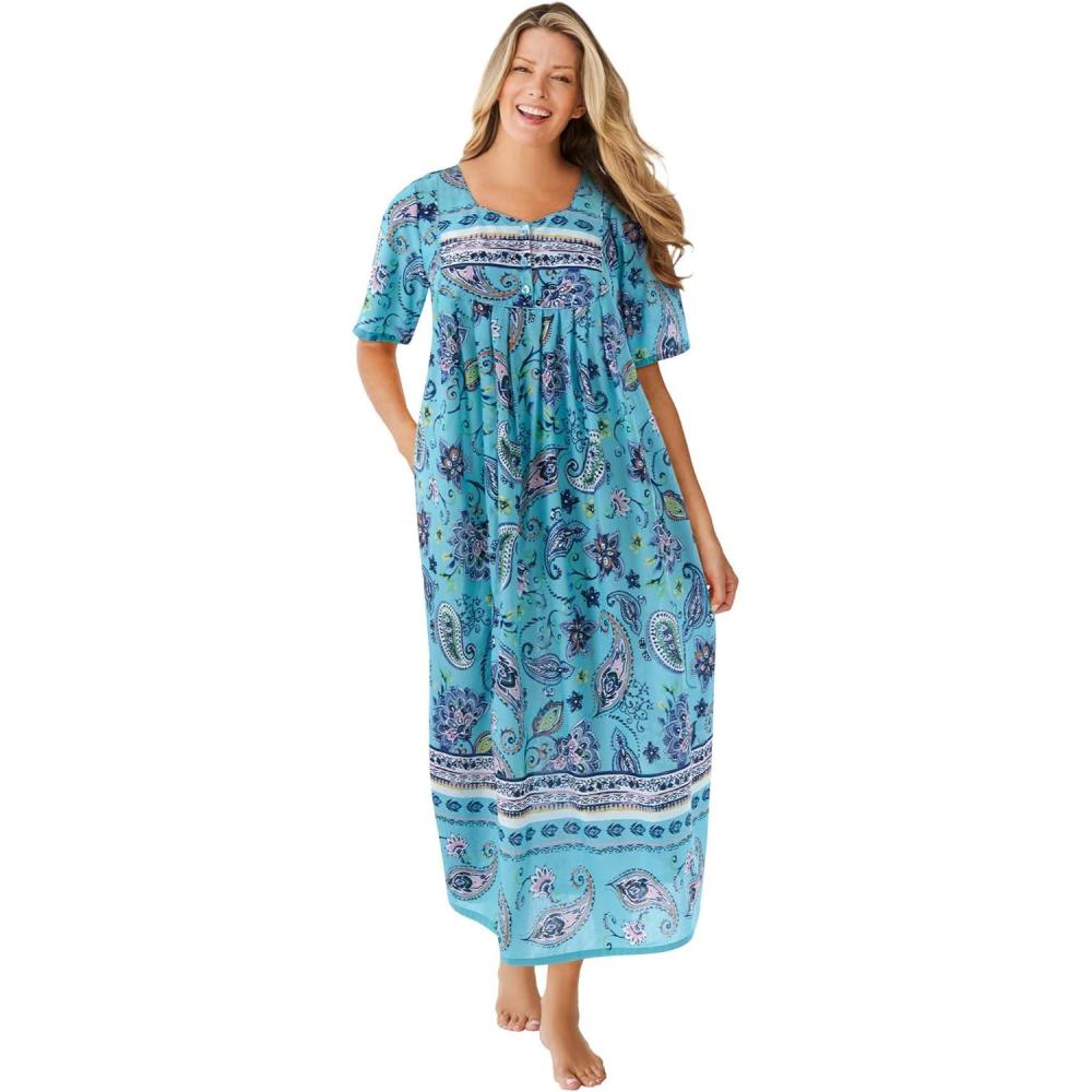imageOnly Necessities Womens Plus Size Bib Front Lounger House Dress NightgownCaribbean Blue Paisley