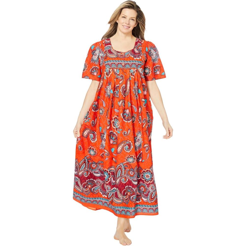 imageOnly Necessities Womens Plus Size Bib Front Lounger House Dress NightgownElectric Orange Bloom