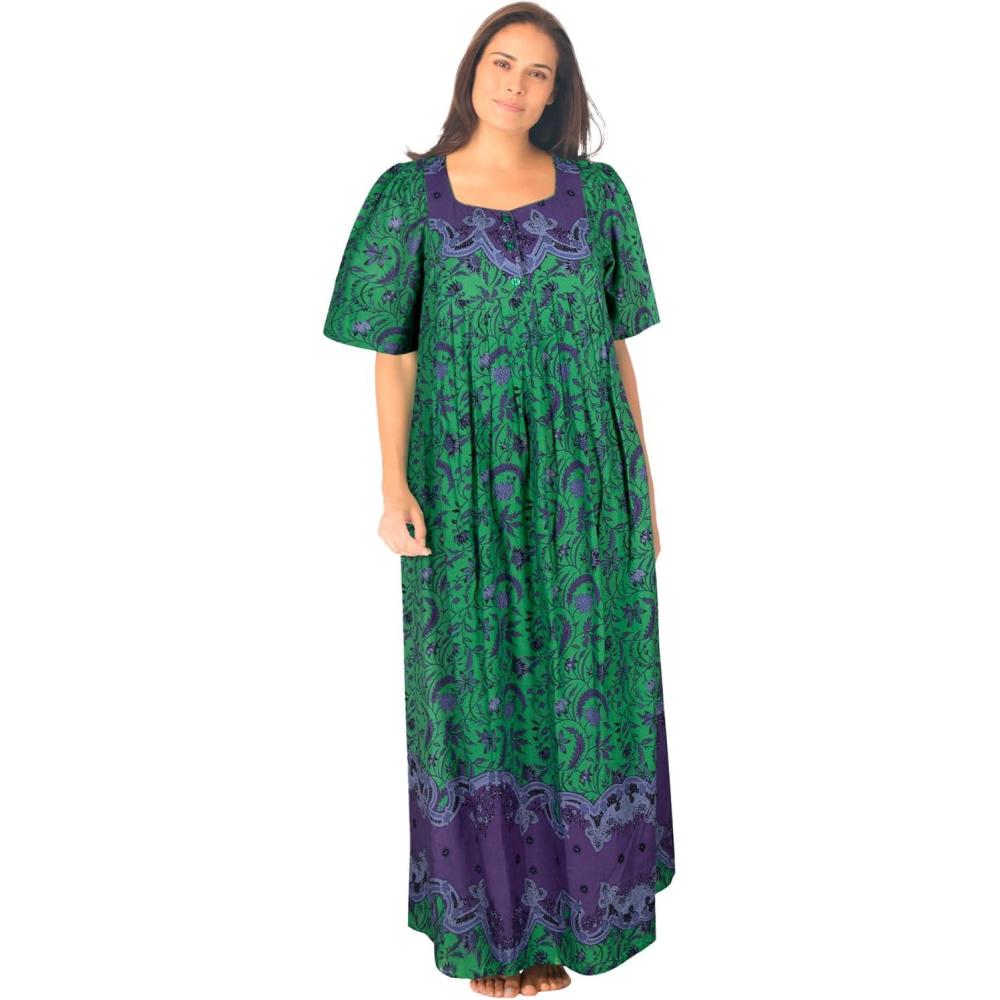 imageOnly Necessities Womens Plus Size Bib Front Lounger House Dress NightgownKelly Green Folk Floral