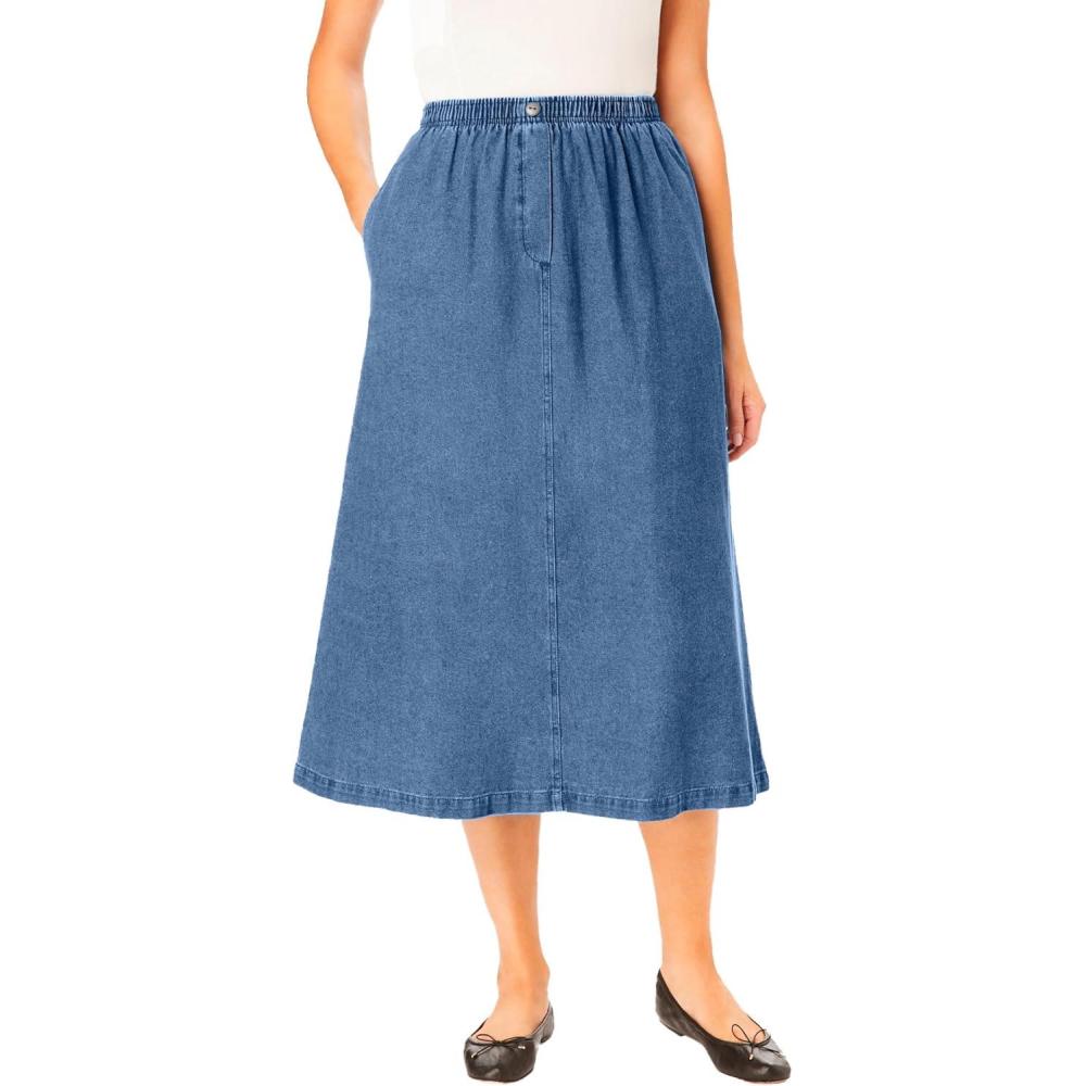 imageWoman Within Plus Size 7Day ElasticWaist AllCotton PullOn Denim Jeans SkirtLight Stonewash