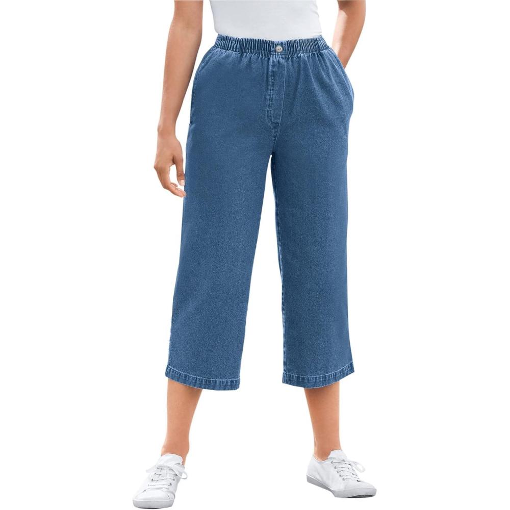 imageWoman Within Plus Size 7Day ElasticWaist PullOn Cotton Denim Capri JeansMedium Stonewash