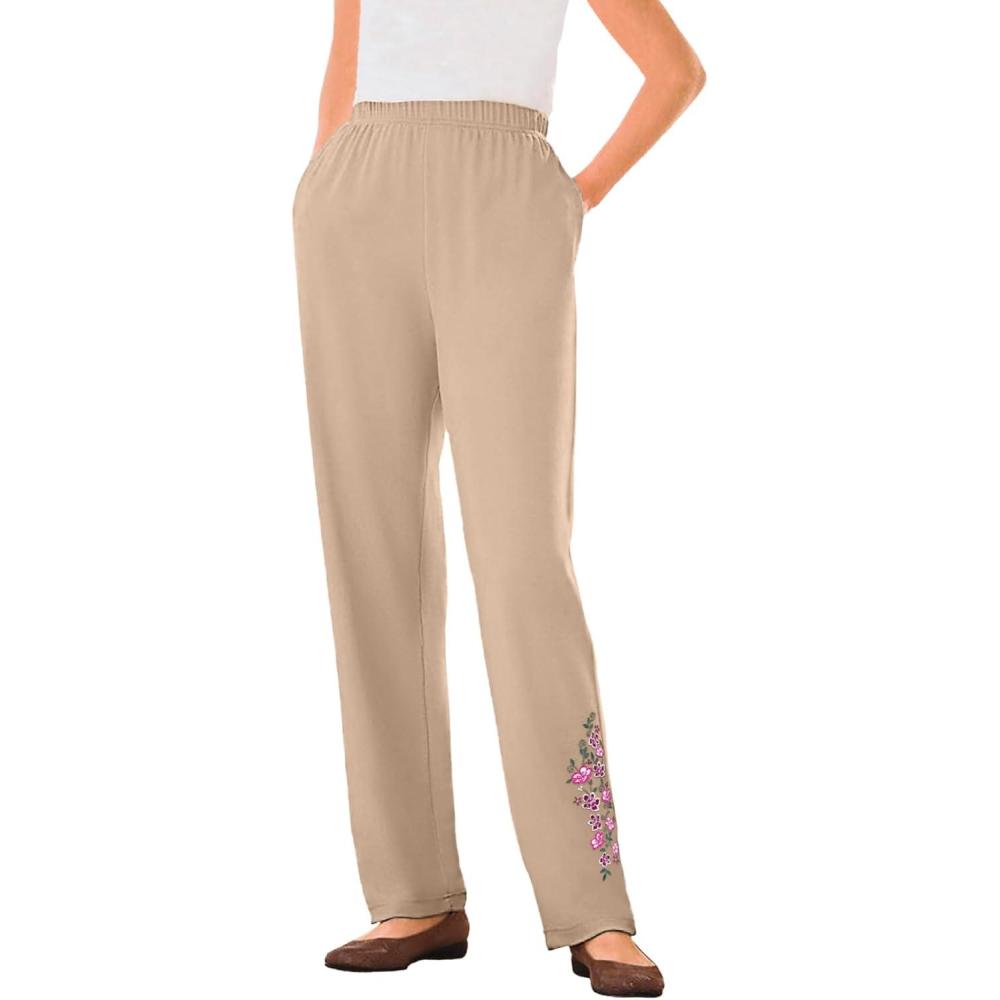 imageWoman Within Plus Size 7Day Knit Embroidered StraightLeg PullOn PantsNew Khaki Floral Embroidery