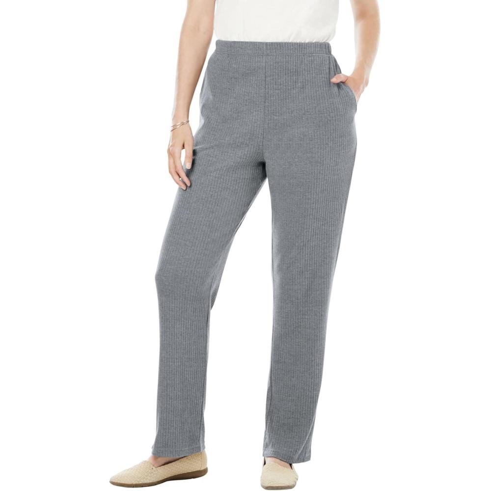 imageWoman Within Plus Size 7Day Knit Ribbed StraightLeg PullOn PantsMedium Heather Grey