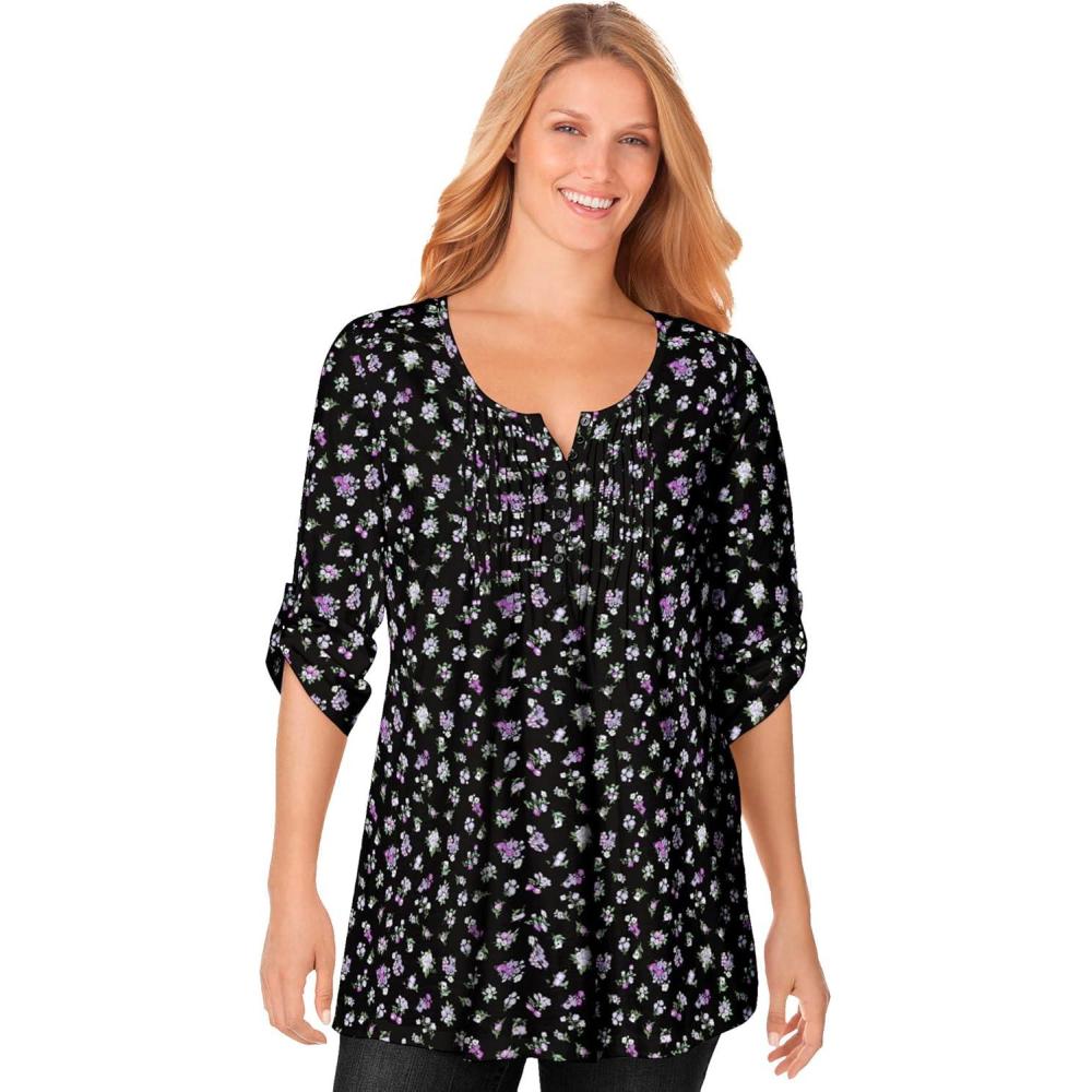 imageWoman Within Plus Size 7Day ThreeQuarter Sleeve Pintucked Henley TunicBlack Soft Iris Pretty Bouquet
