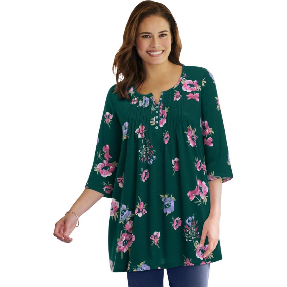 imageWoman Within Plus Size 7Day ThreeQuarter Sleeve Pintucked Henley TunicEmerald Green Magnolia