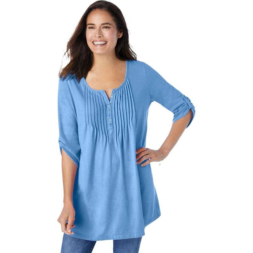 imageWoman Within Plus Size 7Day ThreeQuarter Sleeve Pintucked Henley TunicFrench Blue
