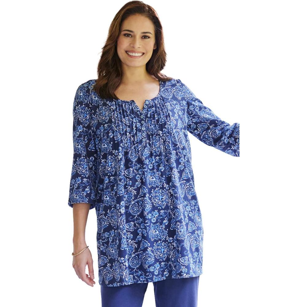 imageWoman Within Plus Size 7Day ThreeQuarter Sleeve Pintucked Henley TunicNavy Paisley Floral