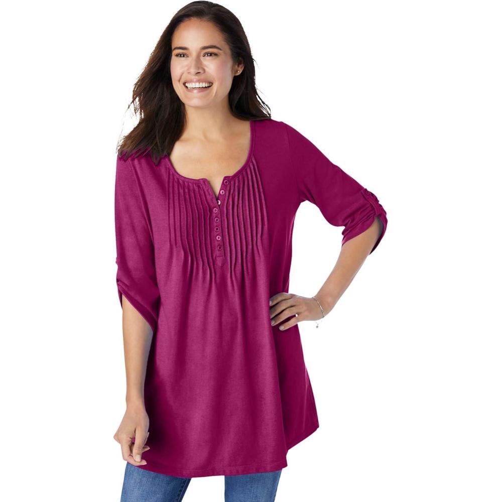 imageWoman Within Plus Size 7Day ThreeQuarter Sleeve Pintucked Henley TunicRaspberry